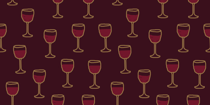 Wine glass seamless pattern, hand drawn background, loopable lineart element