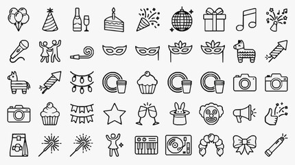 Clean Black and White Line Icons Set of Party and Celebration Elements for Event Design Social Media or Presentation © Desi
