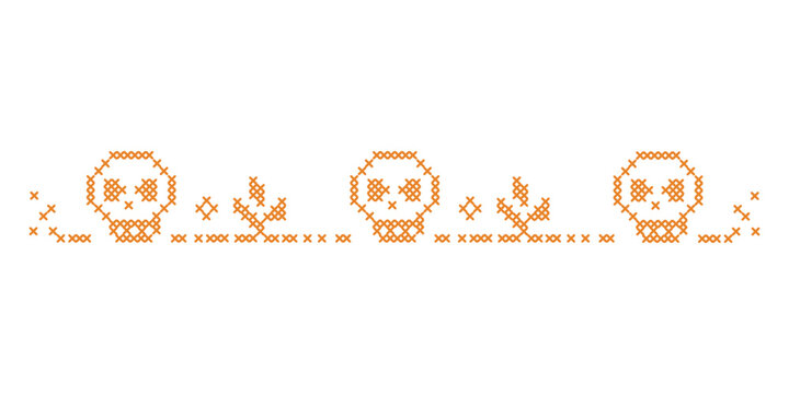Cross stitch Halloween border and trim layout. Spooky embroidery folk art decoration element. Skull and branch ribbon motif for digital crafting and seasonal autumn holiday designs.