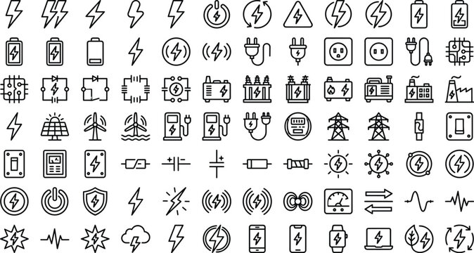 Power and Electricity Line Icon Set Featuring Lightning Bolts, Batteries, Plugs, Electrical Circuits, Solar Panels, and Renewable Energy Symbols for Vector Graphic Designs