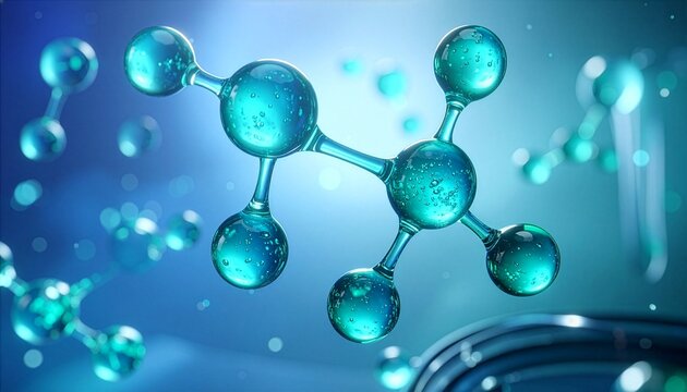 Abstract 3D Rendering of a Complex Molecular Structure with Translucent Teal Atoms and Chemical Bonds for Science and Biotechnology