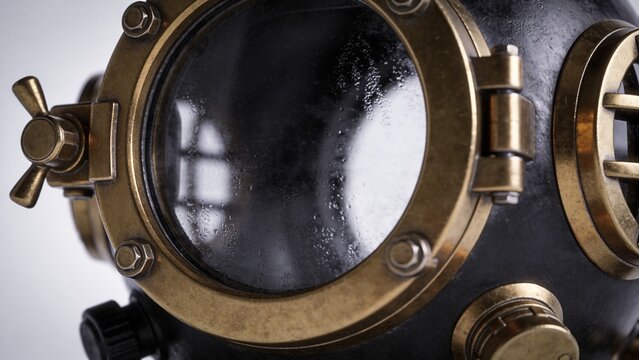 Industrial Brass Deep-Sea Diving Helmet Viewport with Condensation