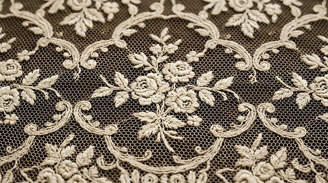 Vintage lace fabric texture with floral embroidery pattern, intricate needlework detail on a fine mesh background, elegant textile design for fashion
