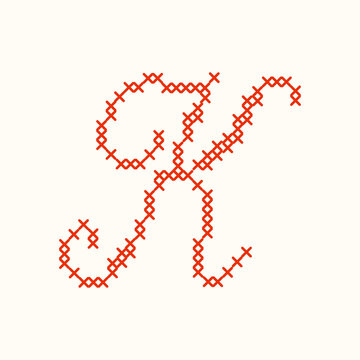 Red cross stitch letter K script typography isolated on white background. A textured cursive embroidery needlework letter for monograms, nursery decor, and handmade textile crafts. Vector illustration