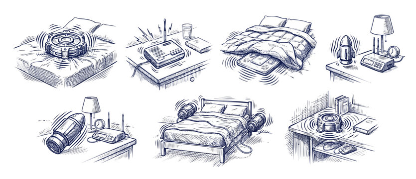 EMF radiation bedroom sketch drawings of electronic devices and smart sleep tracking sensors emitting wireless waves on beds and nightstands, retro vintage hatching line art style illustration pack