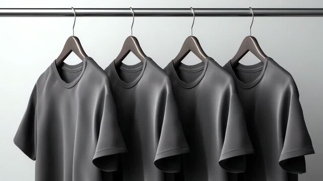 Four dark t shirts are hanging on metal hangers over a white background. Shopping, minimalist wardrobe