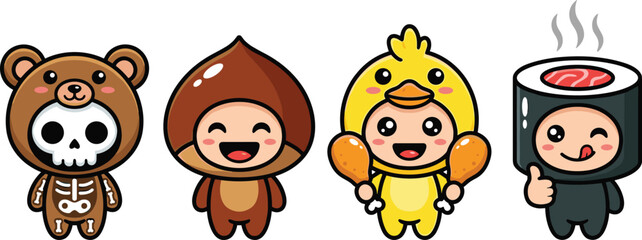 Cute Cartoon Kid Mascot Character Set Wearing Bear Skeleton Chestnut Chicken and Sushi Roll Costumes, © Shukimon