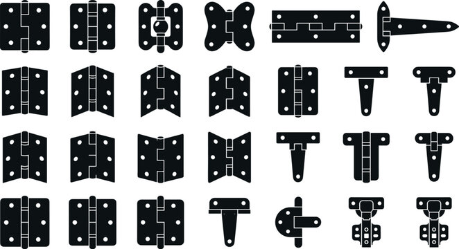 Door hinges and furniture hardware ironmongery black solid icons set isolated on white background