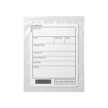 Plastic evidence bag with blank label on transparent background