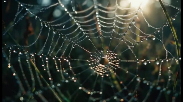 Dew Drops on Spider Web at Sunrise, Macro Nature Photography, Sparkling Morning Mist