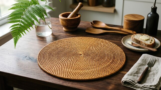 Round woven rattan placemat on rustic wooden table with buttered sourdough bread slice and wooden kitchen utensils