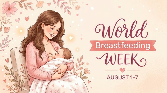 World Breastfeeding Week August 1-7 horizontal card with mother tenderly nursing wrapped newborn baby