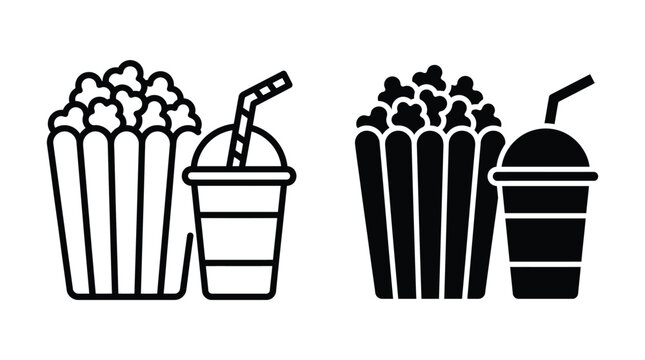 Popcorn and soda cup icons for cinema and movie entertainment with entertainment isolated beverage delicious refreshing illustration concession snacking container