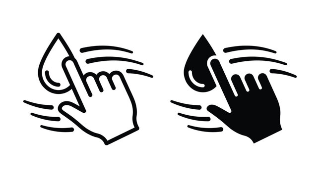 Icon set of a finger touching a water drop with motion lines in outline and solid black style for liquid sensor or moisture detection concepts moisture silhouette
