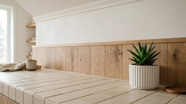 Modern minimal kitchen counter with beige ceramic tiles oak wood wainscoting backdrop and green succulent plant in white ceramic pot