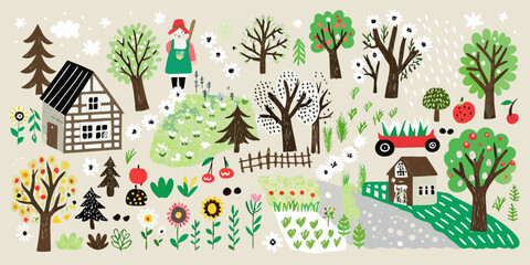 Farm Scene Illustration With Trees Buildings And Garden Elements © Rahul