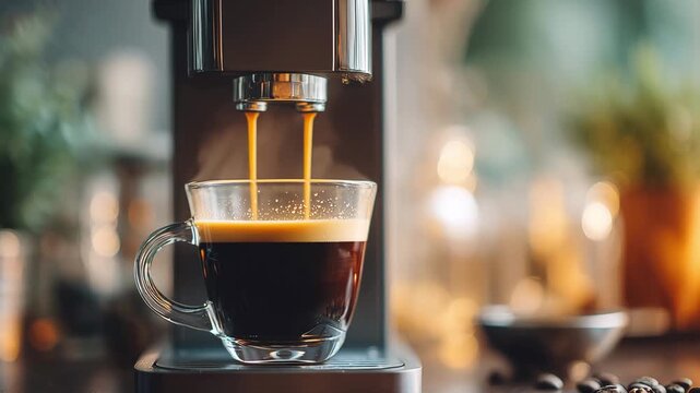A cup of coffee fills as an espresso machine brews coffee in a cafe during morning hours