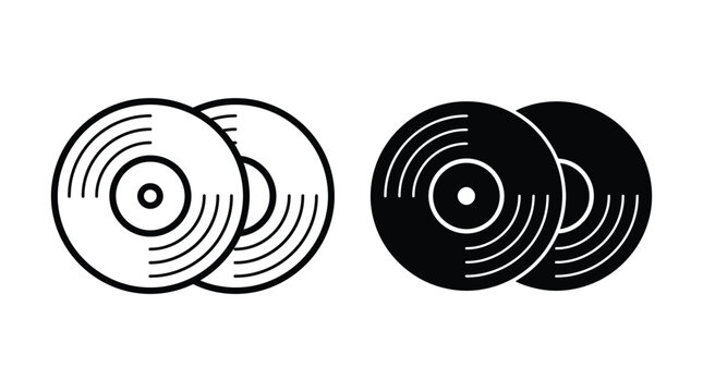 Vinyl record pair line art and silhouette icon set with silhouette entertainment collection monochrome isolated graphics listening auditory spinning minimalist