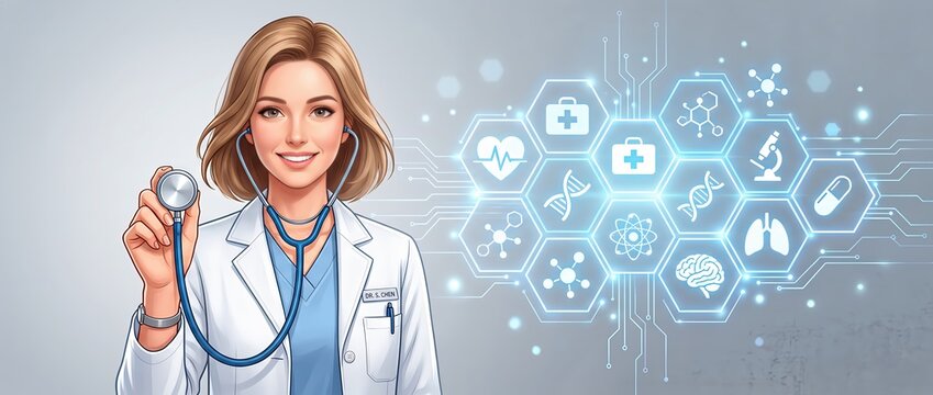 Healthcare professional using technology to enhance patient care showcasing a modern approach to medicine with digital health icons and a stethoscope.