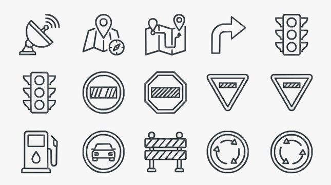 Professional Black and White Line Icons Set of 15 Modern Minimalist Symbols for Navigation Traffic Directions and Services