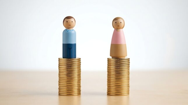 Wooden figures of a man and a woman standing on stacks of gold coins, representing the gender pay gap, income inequality, and financial disparity concept
