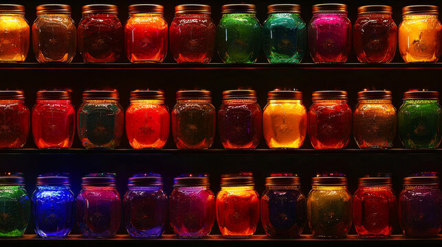 Three rows of glowing, colorful jars filled with vibrant hues, neatly arranged on dark shelves creating a beautiful spectrum
