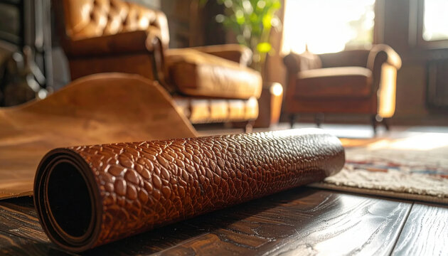 Detailed view of an embossed leather texture on a vintage furniture piece in a warmly lit interior, showcasing rich, aged craftsmanship.