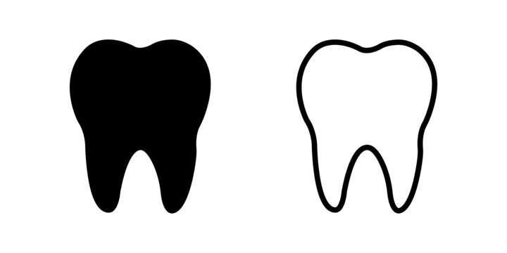 Black flat line teeth vector icon set collection with dental tooth silhouettes and outline icons. Medical healthcare dentistry symbol.