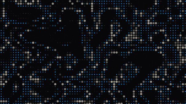 Dark digital halftone pattern with abstract blue pixels for tech background