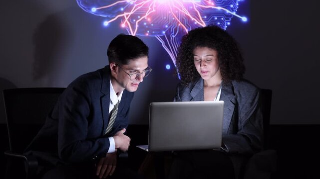 Seminar woman with man in conversation for ai governance, machine learning, Presenter promoting artificial intelligence solutions, Strategy plan to executive write prompt AI bot IT app program.