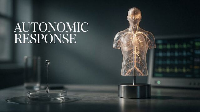 Detailed depiction of a transparent human anatomy model showcasing autonomic response in a futuristic medical setting with digital equipment