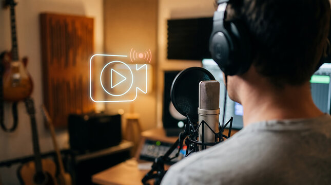 Podcaster recording audio in studio with live stream video camera icon