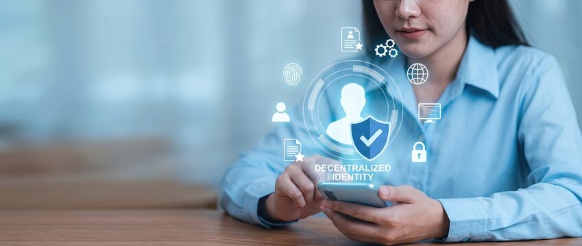 Professional woman engaging with her smartphone highlighting the concept of digital decentralized identity showcasing cutting edge technology and online security in a contemporary office environment.