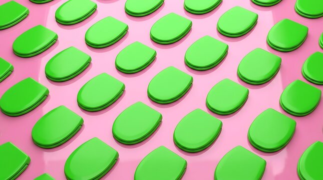 Vibrant green toilet lids pattern on pink background, repetitive bathroom seat covers in pop art style, colorful plastic sanitary ware design