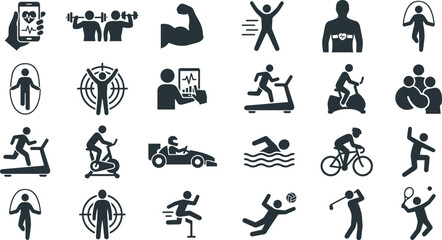 Obraz premium Sports fitness workout training heart rate tracking and athletic recreation black solid icons set isolated on white background