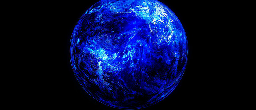Vibrant blue orb glowing intensely with intricate, swirling luminous patterns, set against a vast, dark, cosmic background