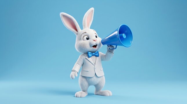 3d illustration of a cute white easter bunny character wearing a formal white suit and blue bow tie, holding a blue megaphone, isolated on blue background
