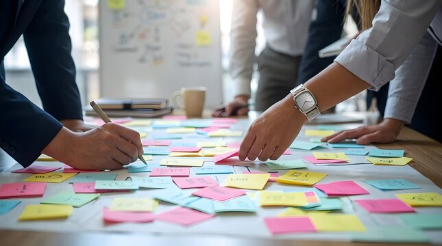 Business team collaborating on creative strategy with sticky notes on table during brainstorming session