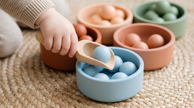 Toddler hand using wooden scoop to sort pastel blue balls into matching bowls during educational montessori play
