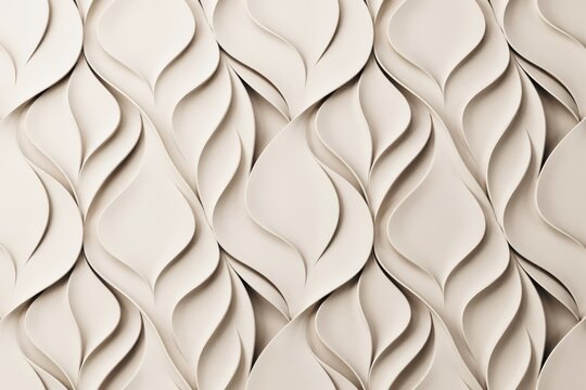 Abstract three dimensional wall panel with repeating wave patterns in a soft beige color creating a rhythmic flow of curved shapes and shadows