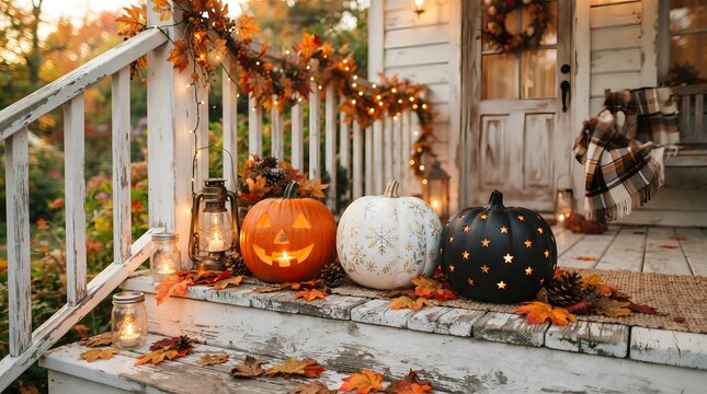 Festive thanksgiving background cozy porch decor with pumpkins and autumn leaves