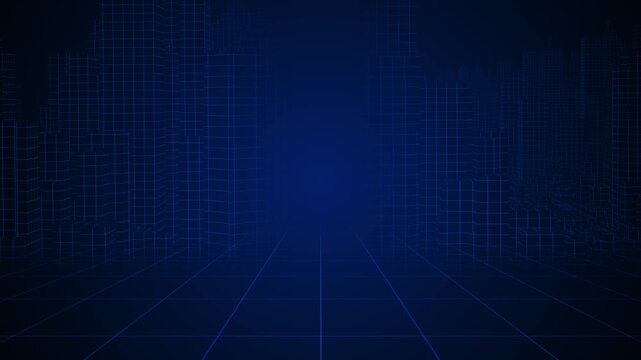 Blue city grid background dark futuristic skyline, glowing floor perspective, empty center space. smart city , tech intros, architecture visuals, urban data scenes, virtual travel, digital dashboards,