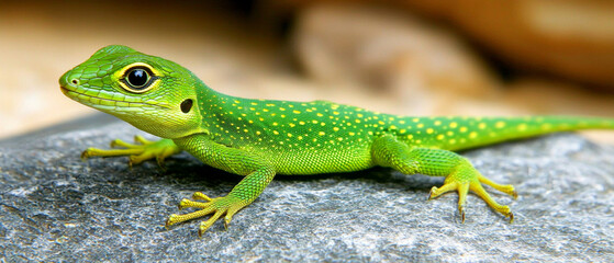 Fototapeta premium Vibrant green lizard with bright yellow spots and a large black eye, resting gracefully on a textured gray rock