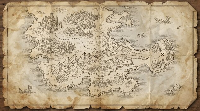 Hand drawn fantasy world map on ancient parchment paper background