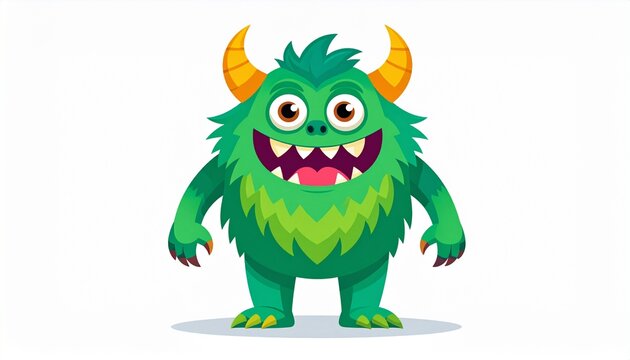 Cute green monster character with horns smiling widely. Friendly cartoon creature mascot for apps, games, and kids' media.