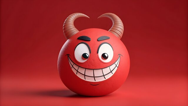 Smiling cartoon devil head on red background