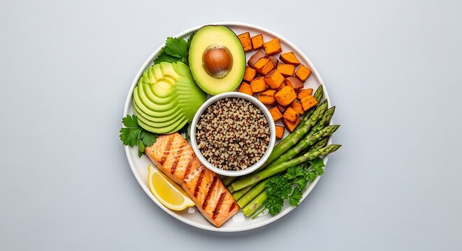 Top view healthy meal prep with grilled chicken and fresh vegetables. Balanced diet food arrangement on white plate for fitness nutrition.