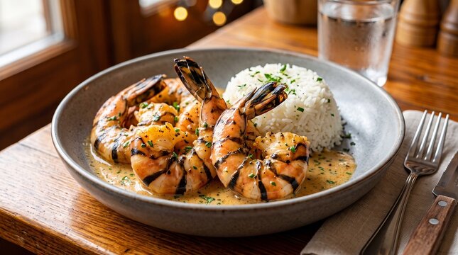 Grilled tiger prawns with white rice and creamy garlic butter sauce served in a ceramic bowl on rustic restaurant wood table