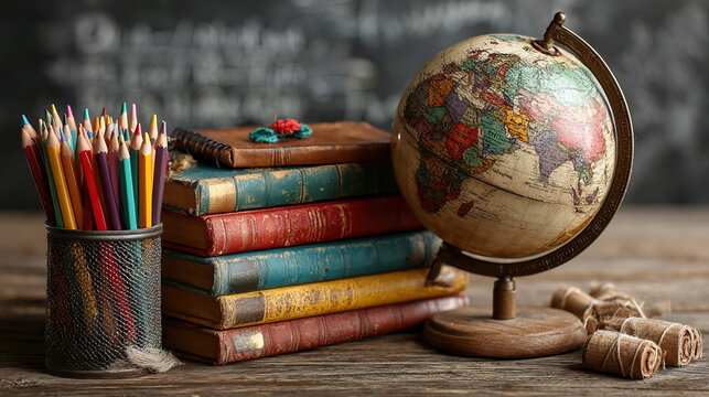 Back to school supplies with globe and books. Education concept with colorful pencils.