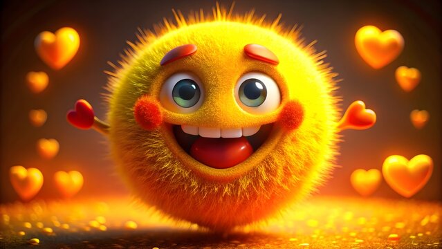 Smiling cartoon fireball with glowing sparks in warm orange background